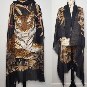 Salvatore Ferragamo Silk Wool Black and Brown Tiger Print Scarf Wrap